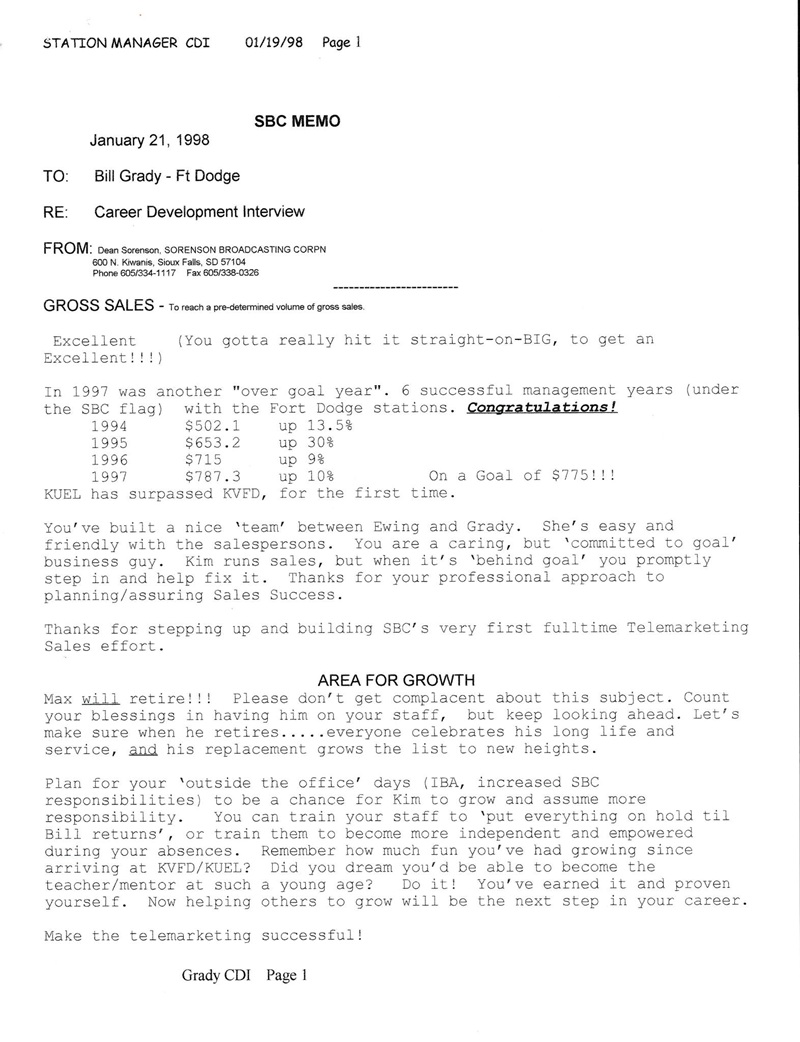 Cover of Dean Sorenson job performance memo (two-page scan)