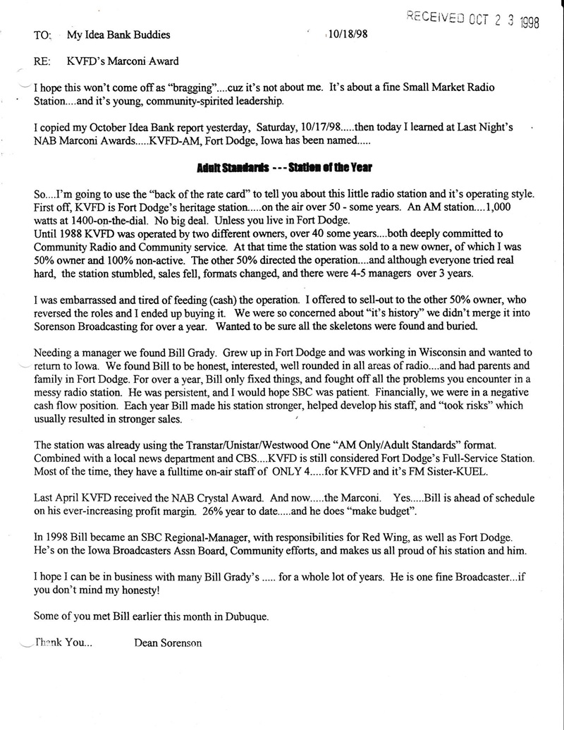 Dean Sorenson letter announcing KVFD-AM Marconi Award 1998