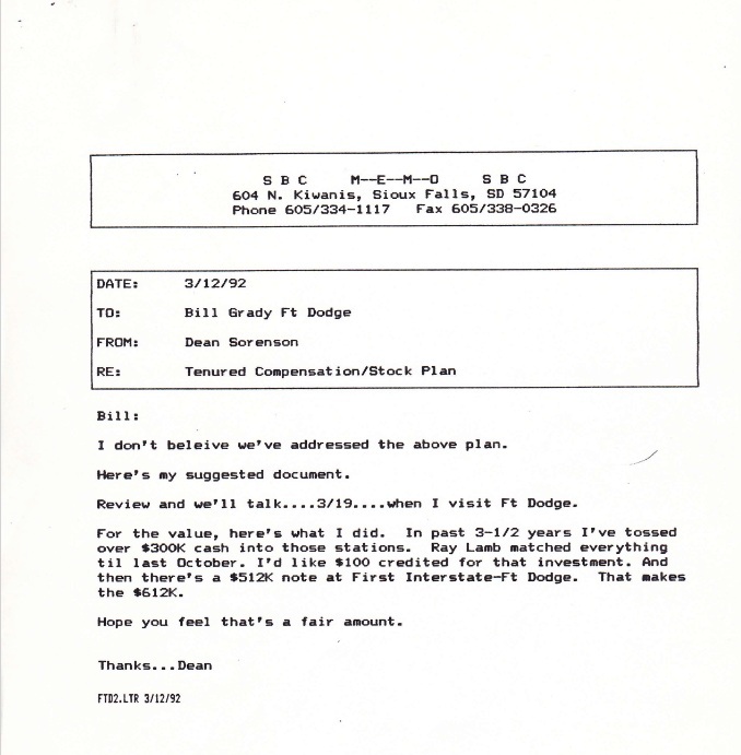 Employment agreement and cover letter from Dean Sorenson to Bill Grady dated 3-12-92
